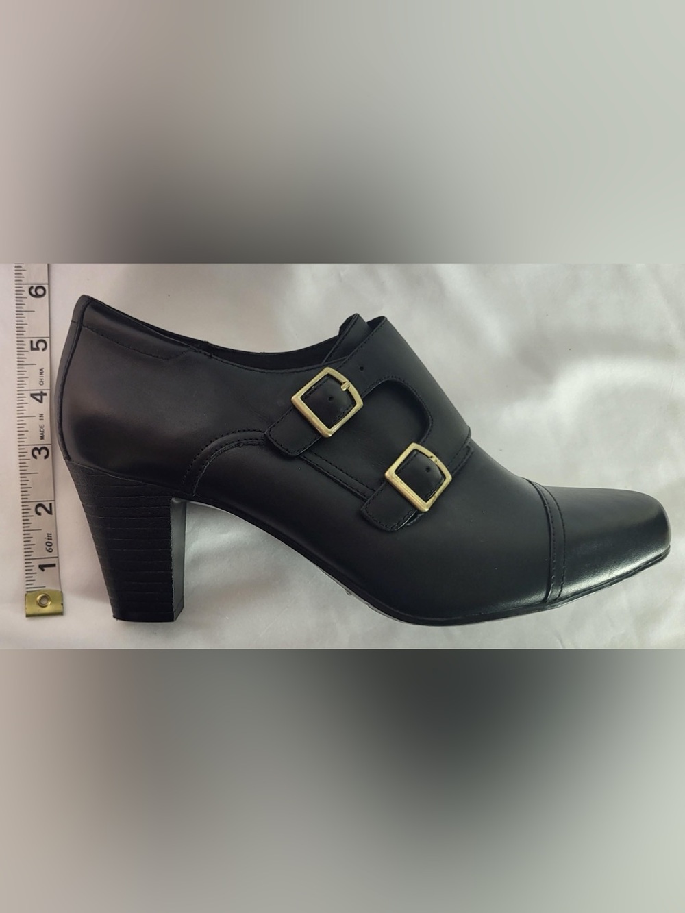Clarks Bendables Black Leather Double Monk Strap Block Heel Booties - Size 9 - Picture 14 of 15